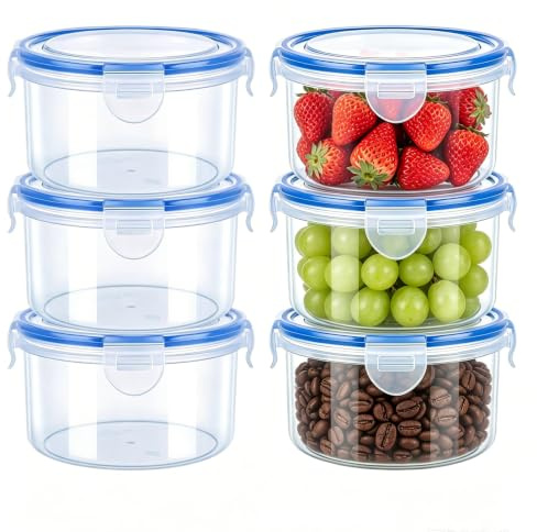 Matförvaringsburkar med lock, 6-pack 1000 ml lufttäta matförvaringsburkar, stapelbara runda förberedelseboxar, återanvändbara plastskålar lufttäta läckagefria, frysförvaringsset (6 behållare + 6 lock)