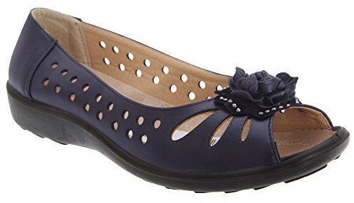 Ladies Navy Punched Open Toe Flower Casual - Navy Blue - size UK Ladies Size 5