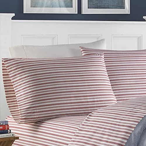 Nautica - Queen Sheets, Cotton Percale Bedding Set, Casual Home Decor (Coleridge Stripe Red, Queen)