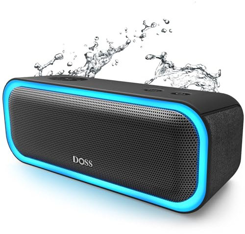 DOSS SoundBox Pro Bluetooth Speaker with 20W Stereo Sound, Active Extra Bass, 20H Playtime, IPX6 Waterproof, TWS Pairing, Multi-Colors Lights, Portable for Hiking, Camping, Beach, Outdoor, Party-Black