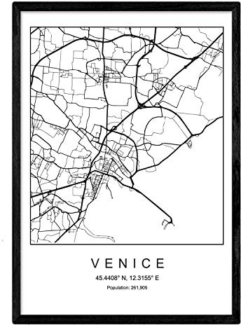 Nacnic Karte der Stadtkarte Venedig Nordic-Stil in Schwarzweiss. Poster A3 Größe mit schwarzem Rahmen gedruckt Papier 250 gr. Bilder, Bettwäsche und Poster für Salon und Schlafzimmer