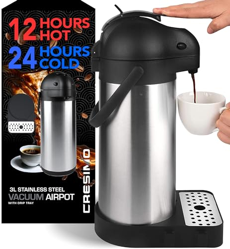 Airpot Coffee Dispenser with Pump & Tray - 102oz/3L Coffee Carafe with Pump - 12 Hours Hot Drink Dispenser for Parties - Stainless Steel Thermal Carafe for Hot Cocoa Bar -Easy-to-Use Insulated Pitcher
