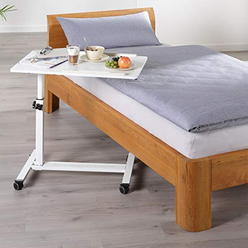 ELONEO maxVitalis mobiler Betttisch auf Rollen, Stehtisch höhenverstellbar/breitenverstellbar, Tischplatte neigbar/klappbar, Bett-Beistelltisch für Krankenbett, Pflegebett, Laptoptisch (Weiß)