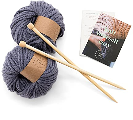 Luckies of London Club Schmusetuch Strickset Strickset für Grobstrick Strickmuster Bambus-Stricknadeln, Strickwolle & Anleitung Stricken für Anfänger Comfort Blanket grau