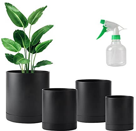 PETAFLOP Plastic Plant Pots, 4 Pack 4/5/6/7 Inch Flower Pot with Drainage Hole & Saucers, Small Garden Planters for Indoor Outdoor Plants, Black (+Mini Sprayer)