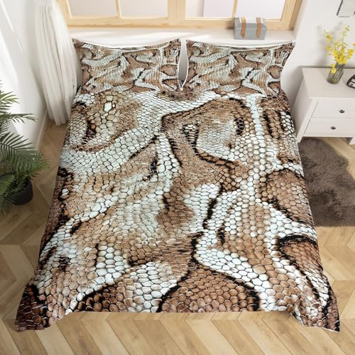 Snake Duvet Cover Queen Brown Snakeskin Bedding Set for Woman Man Adult Wild Reptile Comforter Cover Tropical Wildlife Quilt Cover Exotic Tribe Tropical Desert Wild Animals Bedroom Decor