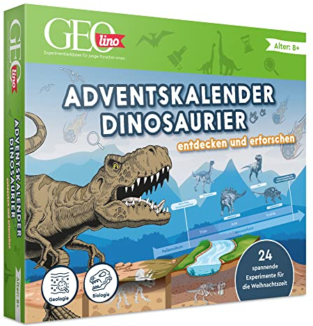FRANZIS 67205 - GEOlino Adventskalender Dinosaurier entdecken und erforschen, 24 spannende Experimente für die Weihnachtszeit, für Kinder ab 8 Jahren