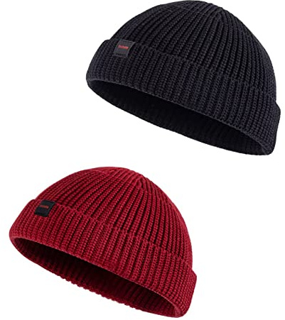 DASMINI Fisherman Beanie,Skull Cap Mens Cotton Beanie Winter hat Small Short Warm Gift (Black+Winery, Size M)