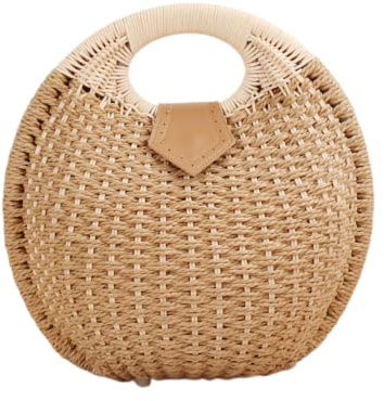 HINGTAT Sac en rotin rond de style bohème - Fait à la main - Pour femme - Tendance - Sac de plage d'été - Sac à bandoulière en rotin classique - Sac en paille chic