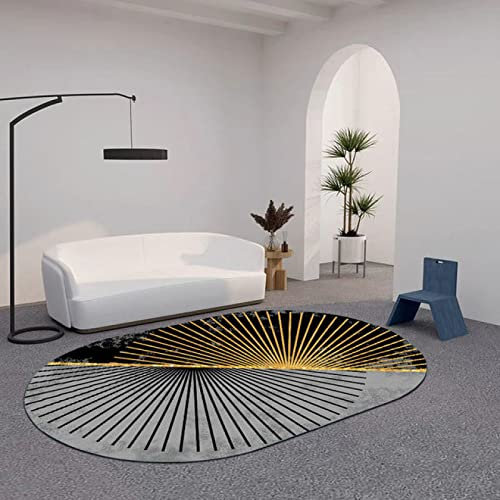 LONGSAO Klassischer Orientteppich Oval Ornamente Muster Teppich Kurzflorteppich Outdoor Teppich Gold und schwarzes symmetrisches Linienpatchwork，160 x 180 cm