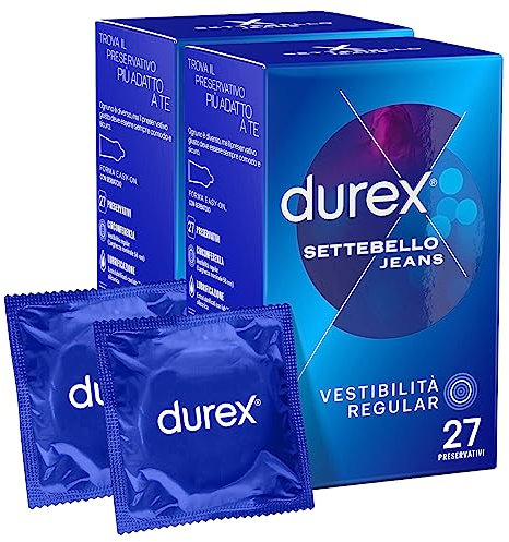 Durex Settebello Jeans Preservativi Uomo in Lattice di Gomma Naturale Trasparenti Extra Lubrificati con Forma Easy-On e Serbatoio Vestibilità Regular Spessore Medio - 2 Confezioni da 27 Profilattici