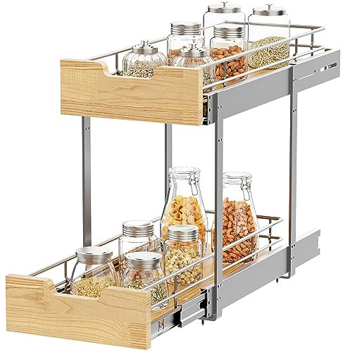 Sikarou Ausziehbarer Schrank-Organizer, robustes ausziehbares Regal, Holz- und Drahtkorb, ausziehbare Schublade für Küche unter der Spüle, Speisekammer, Badezimmer, 2 Krawatten, 22,9 x 53,3 cm