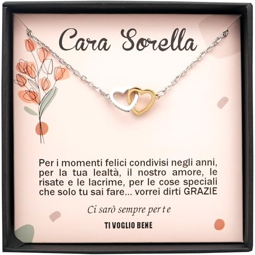 TILOVE - Collana personalizzata da Donna con Ciondolo a forma di Cuori Intrecciati Contenente un Messaggio d'Amore per tua Sorella | Consegnata nel suo portagioie | Idea Regalo per Compleanno, Natale