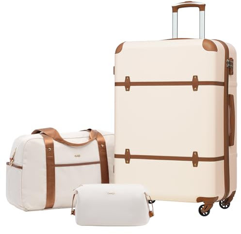 COOLIFE Koffer Set, Hartschalenkoffer 3 TLG Reseikoffer Groß Koffer Enthält 1 Reisetasche und 1 Kulturbeutel TSA-Schloss 4 Rollen, Weiß/Braun, Handgepäck-Set 3tlg