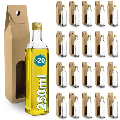 Espirito Rebelde 20 Bouteilles en Verre 250ml avec Bouchon a Vis Doré + 20 Boîtes | Huile d'Olive, Vinaigre, Alcool, Sauces | Huilier