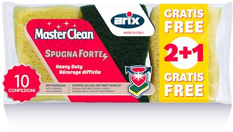 ARIX | 30 Spugne con Antibatterico e Antigrasso della Linea Masterclean, Spugnaforte con Fibra Abrasiva per lo Soprco più Ostinato e Unto, Spugna Stoviglie, Ergonomica, Made in Italy - 10 Confezioni