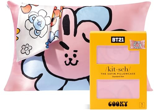 BT21 x Kitsch Satin Pillowcase with Zipper Closure, Softer Than Mulberry Silk Pillow Cases Standard Size 1 Pack, Smooth Cooling Pillow Covers Queen for Hair, Skin Health & Beauty Sleep, 19x26 in Cooky