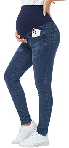 PACBREEZE Women's Maternity Jeans Over Belly Skinny Stretchy Denim Pants Comfy Slim Pregnancy Pants (Dark Blue, X-Large)