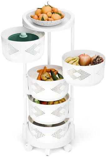 Küchen-Aufbewahrungswagen, mehrstöckig, rund, drehbar, großes Aufbewahrungsregal mit 360-Grad-Rollen, Obst-Gemüse-Drahtregal mit Deckel oben, für Küche, Wohnzimmer und Büro (weiß, fünf Ebenen)