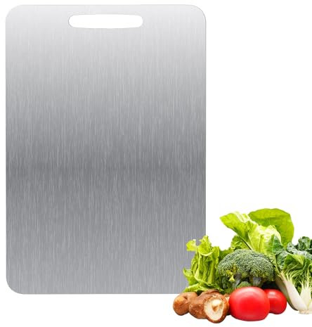 Auauraintt Planche à découper en titane - En acier inoxydable des deux côtés - Sans BPA - Pour la cuisine, la viande, le pain, les légumes, les fruits (34 x 23 cm)
