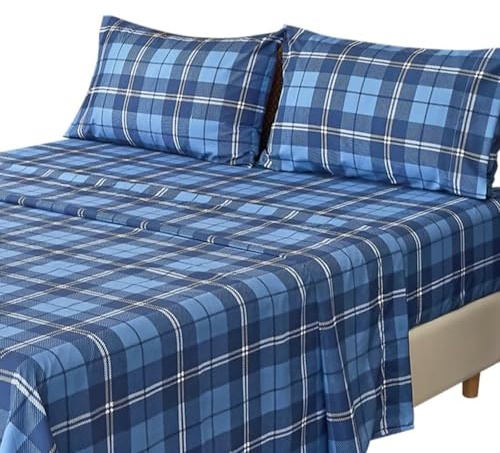 MICORAL Queen Sheet Set Plaid Patten, 4-Piece Printed Sheets, Silky & Lightweight Bedding Set, 16 Deep Pocket, Ultra Soft & Cooling Sheet, Oeko-TEX Certified, Plaid Royal Blue