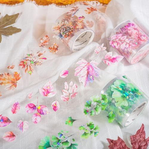 Stickers para Scrapbooking Kit,3 Rolls Hoja Tema PET Washi Tape Adhesivos Aesthetic Decorativos para Bullet Journal Accesorios,Journaling,Album Fotográfico,DIY (Hojas caídas se convierten en poesía)