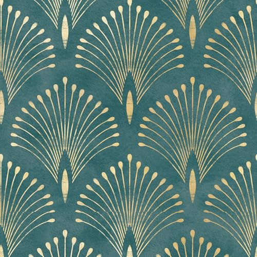 Livelynine 17.5x276 Art Deco Peel and Stick Wallpaper Vintage Teal Green Gold Elegant Wall Paper Renter Friendly Boho Peacock Feather Vinyl Wrap Self Adhesive Contact Paper Decorative for Furniture