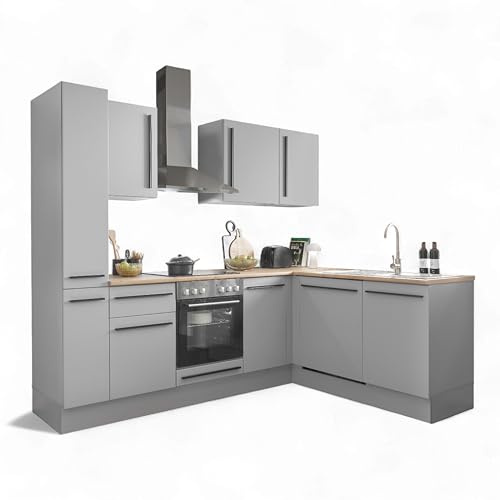 Denver Moderne Eckküche mit Elektrogeräten in Grau, Lancelot Eiche Optik - Geräumige Küchenzeile in L-Form mit viel Stauraum - 250 x 211 x 60 cm (B/H/T)