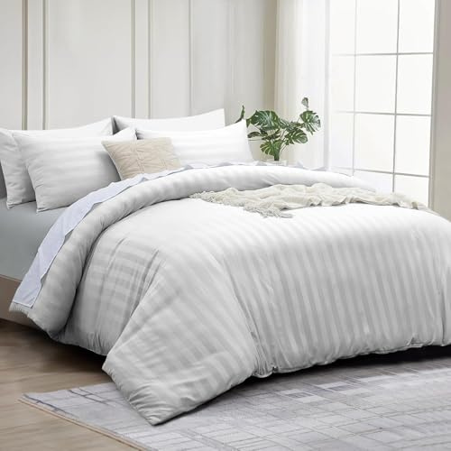 INSPIRE HOMEWARE King Size Duvet Cover Set - Premium Hotel Quality Reversible Satin Stripes Duvet Cover with 2 Pillowcases, White Kingsize Bedding Set - Soft Microfiber Quilt Bedding