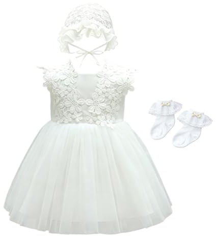 KRUIHAN Robe de Baptême Bébé Fille en Tulle et Dentelle Blanche,Robe Soiree Princesse Respirante,idéale pour Bapteme,Mariage,Fête ou Anniversaire,inclut Bonnet,Chaussettes & Boîte Cadeau,12 Mois