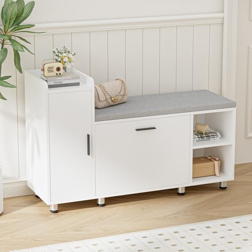 BonVache Schuhbank mit Sitzfläche, Klappfach mit Verstellbarer Trennwand, Höhenverstellbar, Schuhschrank mit Stauraumtüren und 3 Offener Lagerplatz, Schuhregal für Flur, 105 x 34 x 67cm, Weiß