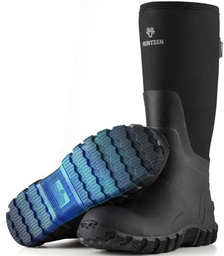 HUNTSEN Rubber Work Boots for Men - Waterproof Anti-Slip Rain Boots with Steel Shank 2 Pairs of Insoles - 6mm Neoprene Insulated Durable Outdoor Hunting Boots for Farming Gardening Fishing, Size 10