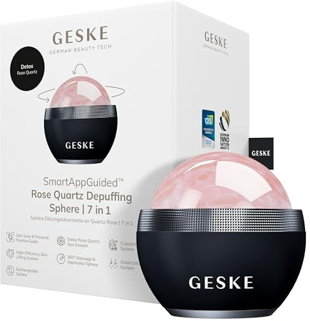 GESKE SmartAppGuided Rose Quartz Depuffing Sphere | 7 in 1 | Massagen für Gesicht, Hals & Dekolleté | Anti-Schwellungen | Face Yoga | Rosenquarz-Gesichtsroller | Kugeldesign | Mit Serum-Behälter