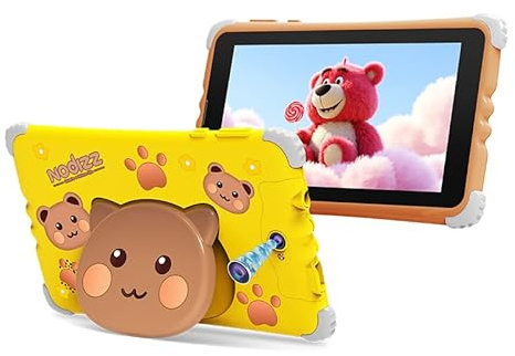 Nodizz Kids Tablet 7 HD, Android 15, 4GB RAM 64GB ROM, 3200mAh Battery, SIM Card Slot, Ages 2–12, Drop-Resistant Case, Educational Apps (Yellow)