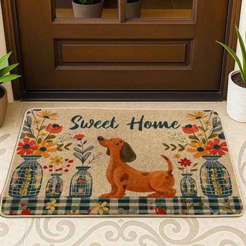 Sweet Home Hunde-Fußmatte, brauner Dackel-Blumen-Matte für den Innen- und Außenbereich, saisonale Dekoration, rutschfest, wasserabweisend, staubabsorbierend, leicht zu reinigen, 73,2 x 43,2 cm