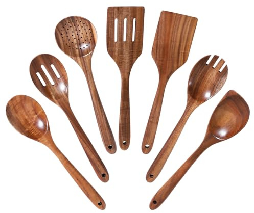 Cucchiai in legno antiaderenti, manico lungo 32 cm, grandi cucchiai angolari per mescolare, utensili da cucina in legno resistenti al calore (7 pezzi)