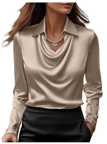 SOLY HUX Women's Satin Silk Blouse Cowl Neck Draped Long Sleeve Collared Shirt Work Office Tops Pure Champagne Large