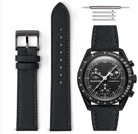 HORACE Kornat läderarmband med snabbfrigöring, universellt kompatibelt med Omega x Swatch MoonSwatch 20mm (Svart - Svart - Svart)