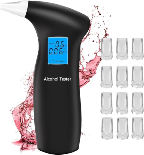 PUTAII Alcolometro, misuratore di prova, misuratore di alcol, con 12 bocchini, display LCD, tester di alcool, per l'uso a casa o alle feste