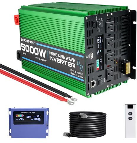 EFFORTWAY 5000W Power Inverter, 12V DC to 110V/120V Pure Sine Wave Inverter with 4 AC Outlets, USB Port, Hardwire Port, Remote Controller, Car Power Inverter for RV, Truck, Boat, Camping, Off-Grid