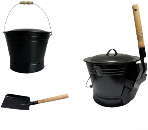 SageFurned Secchio per cenere ignifugo con coperchio e pala per camino, stufa a legna, griglia o braciere, contenitore rotondo in metallo con manico in legno, 18 x 31 cm