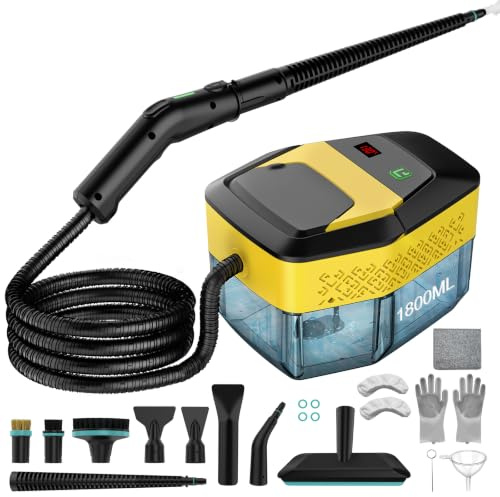 Mixoo Handheld Steam Cleaner, High Pressure Steamer, 1.8L Tank, 8s Heat-Up | 3-Level Adjustable Portable Steam Cleaning, 18PCS Accessories for Home, Car, Grout, Bathroom, Kitchen, Window, Floor