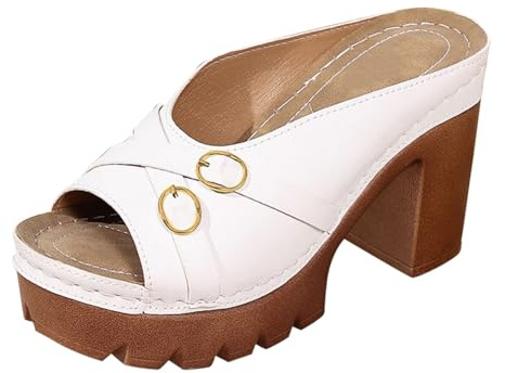 Sandaler med låg kil, öppen tå för kvinnor, damer, breda klackar, bekväma platåhögklackade, andningsbara snabbtorkande eleganta skor för formell middag och bankett, Vitt, 38 EU