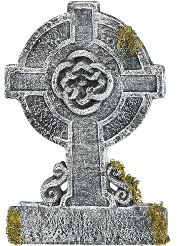 Grey Styrofoam Mossy Celtic Cross Tombstone (22) - 1 Pc - Perfect Memorial Tribute
