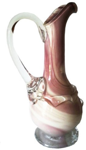 Jarron de cristal coloreado, jarra decorativa con asa de vidrio soplado a boca de color blanco púrpura, veteado, altura aprox. 29 cm, disenado y fabricado por Oberstdorfer Glashütte