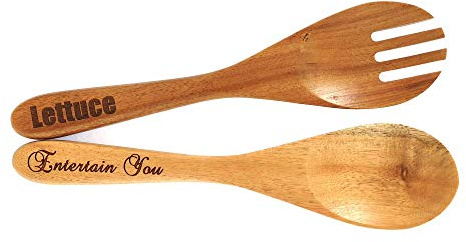 Personalised Set of 2 Acacia Wood Salad Spoon and Fork Serving Tongs 25cm