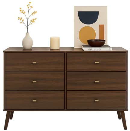 Prepac Milo Mid-Century Modern 6 Drawer Double Dresser for Bedroom, Wide Chest of Drawers, Contemporary Bedroom Furniture, 16.75 D x 52.50 W x 33 H, Cherry