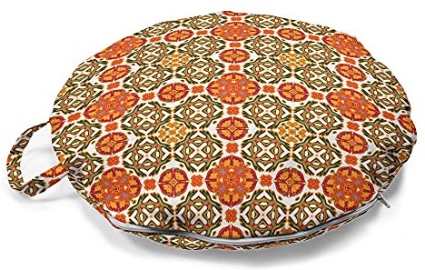 ABAKUHAUS marokkanisch Rundes Bodenkissen mit Griff, Vintage orientalische Fliese, dekoratives Kissen für Wohnzimmer & Schlafsäle, 45 cm, Orange Maroon Smaragd