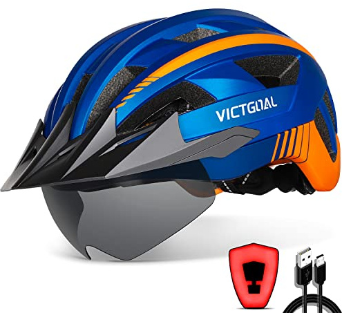VICTGOAL Fahrradhelm Herren Damen MTB Helm mit Abnehmbarer Magnetische Schutzbrille Visier Atmungsaktiv mit 21 Belüftungskanäle Radhelm Einstellbare Fahrradhelme (M: 54-58cm, Blau)