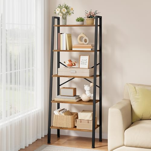 Hoctieon Étagère 5 Niveaux, Echelle Bibliothèque Meuble de Rangement, Moderne Présentoir d'angle, Métal Etagere Rangement, pour Bureau, Salon, Chambre, Cuisine, Style Industriel, Brun Rustique